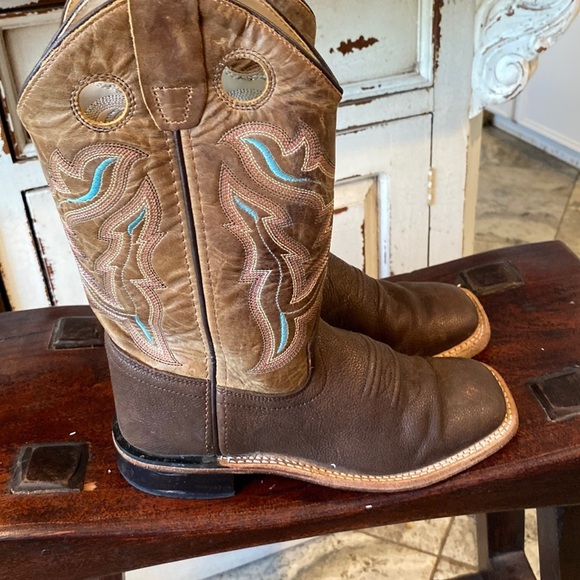 Kids OLD WEST BROWN SQUARE TOE BOOTS - Picture 2 of 9